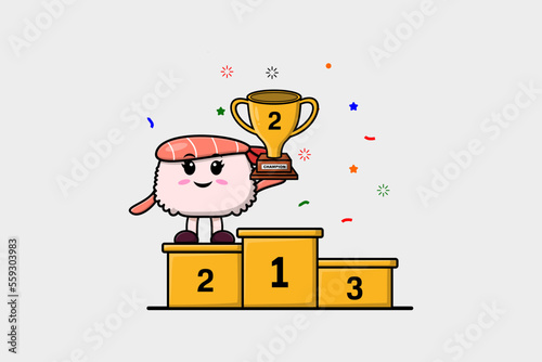 Cute Cartoon character illustration of Sushi shrimp is holding up the golden trophy in illustration