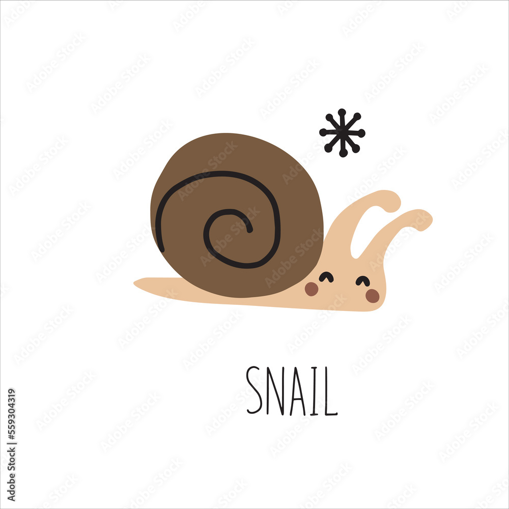 Postcard with animals snail for children. Educational preschool cards for learning animals. Learn animal name for kids.