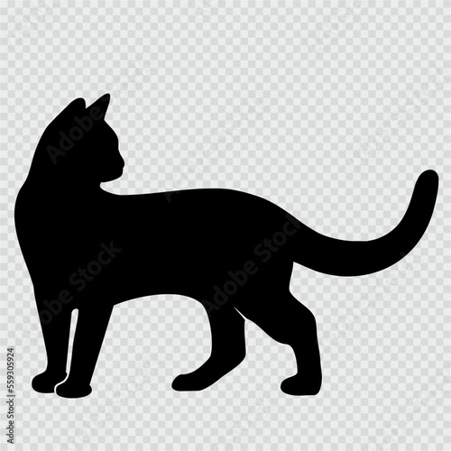 black silhouette of a standing cat on a checkered background, transparent, vector illustration © janista