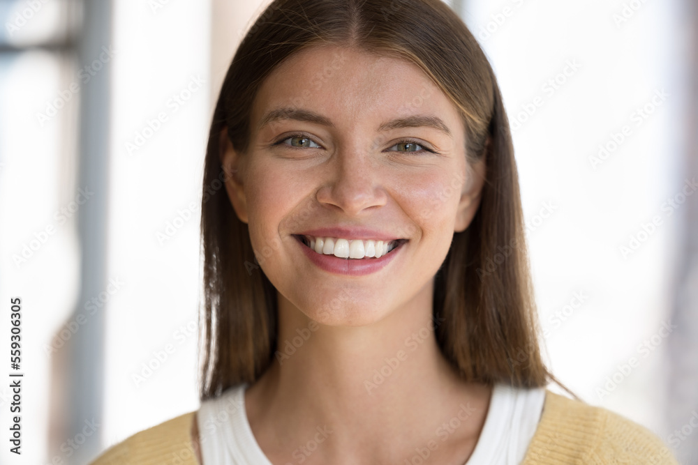 Cropped shot face beautiful young 30s happy woman standing indoor smile looking at camera feels satisfied. Attractive appearance, positive emotions, millennial generation female portrait, dental-care Cropped shot face beautiful young 30s happy woman standing indoor smile looking at camera feels satisfied. Attractive appearance, positive emotions, millennial generation female portrait, dental-care
