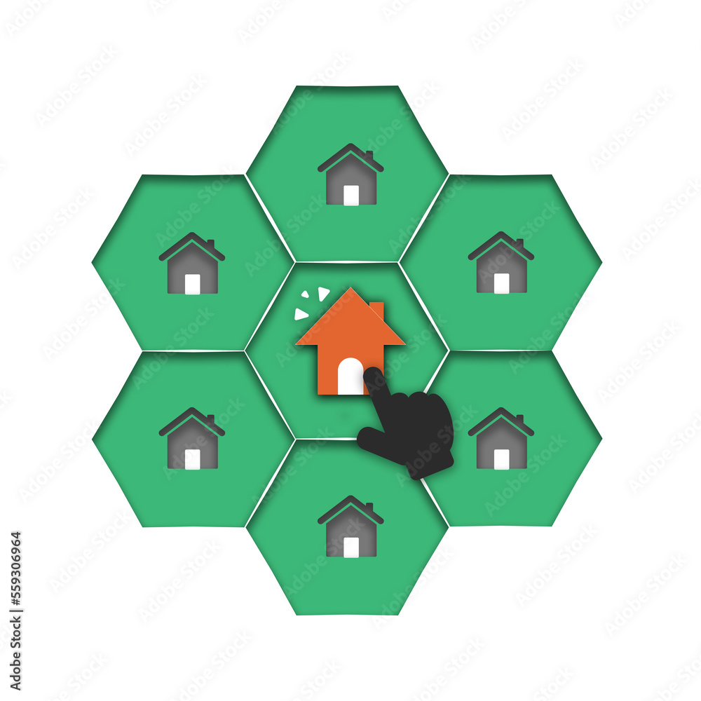 Orange house icon with hand icon over green hexagon and home icon on white background. Buying the right home and home search for effective real estate investment. Orange house icon with hand icon over green hexagon and home icon on white background. Buying the right home and home search for effective real estate investment.