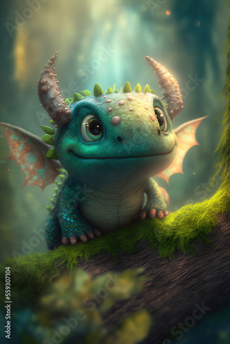 green baby dragon with rust colored horns and wings, Generative AI © Roger