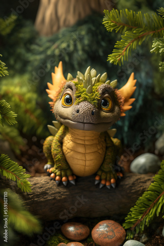 beautiful colorful baby dragon sitting in the forest  generative AI