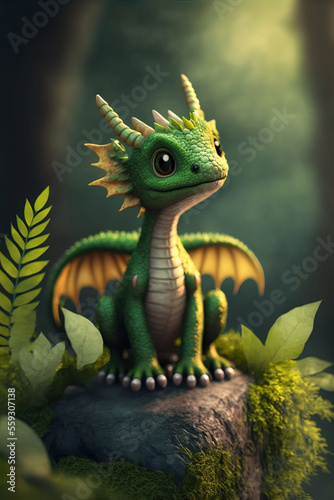 Green tall baby dragon sitting on his rock  generative AI