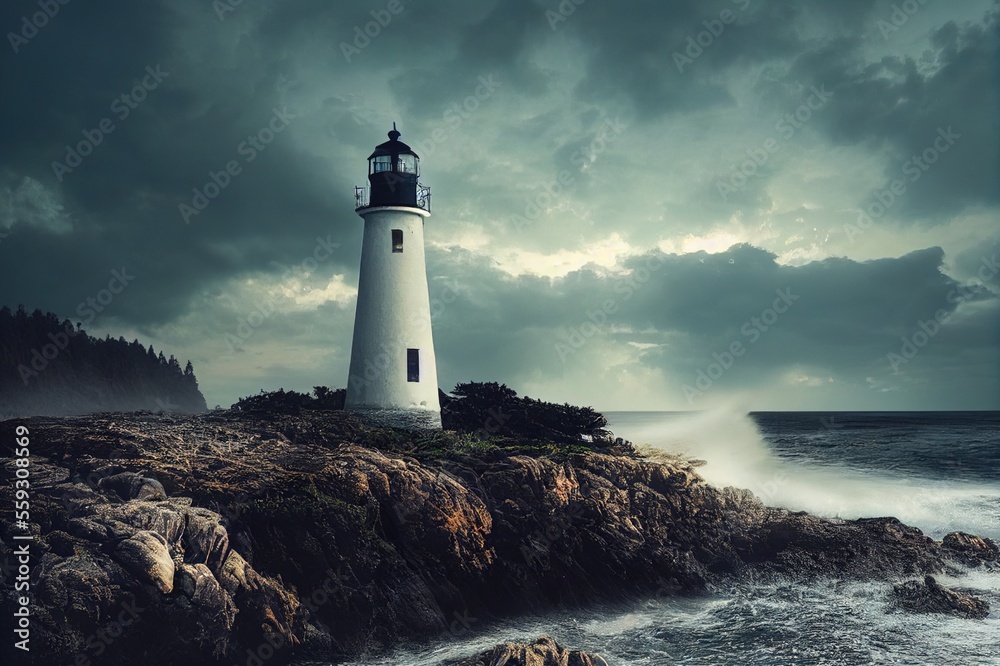 Lighthouse by the Ocean Sea at Sunset Waves Background Image