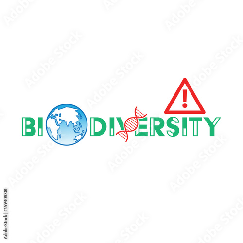 Biodiversity crisis typographic design. Earth and DNA spiral icons with danger symbol as a gimmick of global crisis. Vector illustration.