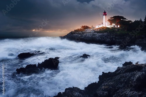 Lighthouse by the Ocean Sea at Sunset Waves Background Image