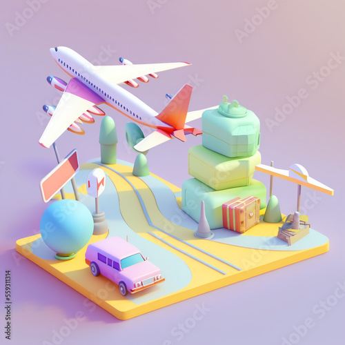 Travel flight airplane and suitcase, car rental, tourism trip planning world tour, leisure touring holiday summer concept, banner, 3d render vector illustration, generative art