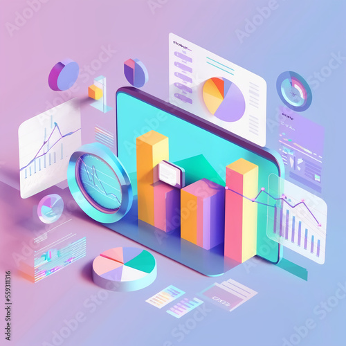 3D SEO Optimization, web analytics and seo marketing concept, graphs and charts on desk. 3d render modern illustration, generative art