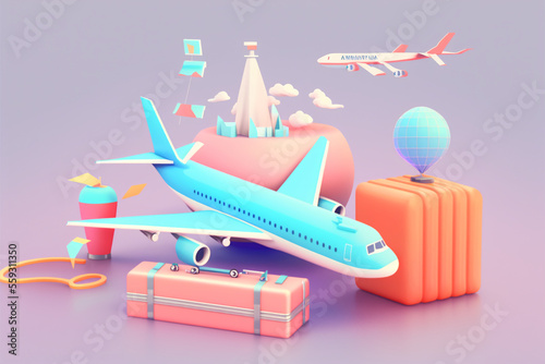 Travel flight airplane and suitcase, car rental, tourism trip planning world tour, leisure touring holiday summer concept, banner, 3d render vector illustration, generative art