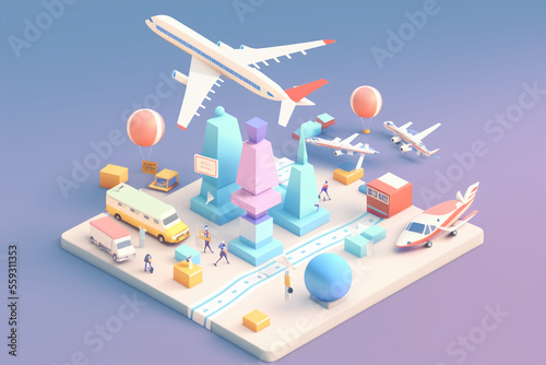 Travel airport airplane and cars, car rental, tourism trip planning world tour, leisure touring holiday summer concept, banner, 3d render vector illustration, generative art