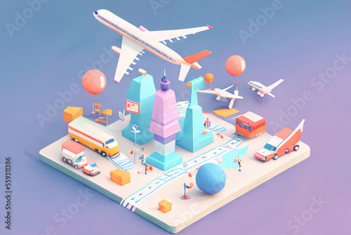 Travel airport airplane and cars, car rental, tourism trip planning world tour, leisure touring holiday summer concept, banner, 3d render vector illustration, generative art