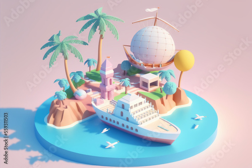 cruise ship at port, tourism trip planning world tour, leisure touring holiday summer concept, banner, 3d render vector illustration, generative art