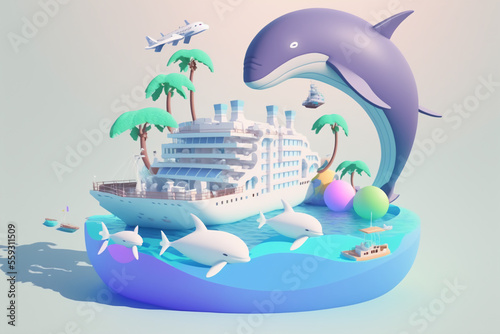 cruise ship sailing and whale, tourism trip planning world tour, leisure touring holiday summer concept, banner, 3d render vector illustration, generative art