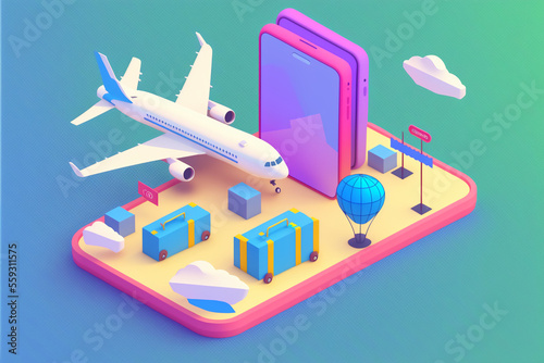 Travel airplane landing on phone, tourism trip planning world tour, leisure touring holiday summer concept, banner, 3d render vector illustration, generative art