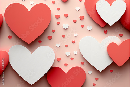Red and white heart background banner, large and small hearts, Valentine's Day banner background, 3d render, generative art
