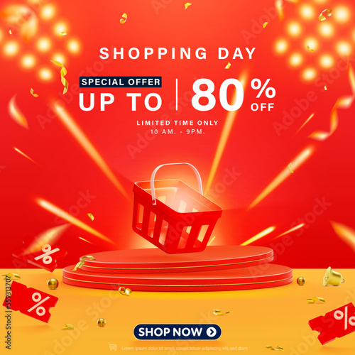 Realistic 3D style podium vector banner for web or social media shopping online.
