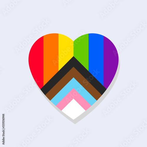 Progress pride flag and heart shape concept. Symbol of love, acceptance, diversity and inclusivity. Vector illustration, colorful icon, rainbow colors.