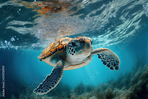 Baby turtle under the sea water. Sea turtle in wild nature. Underwater photo with tortoise. Generative AI photo