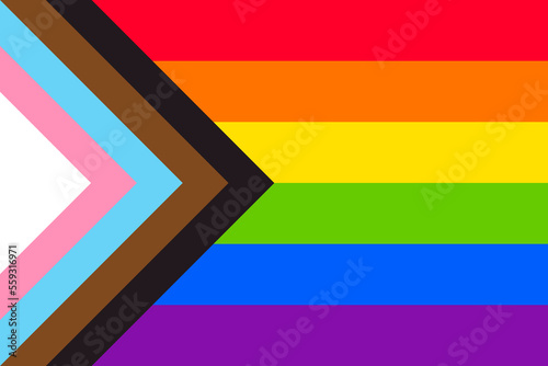 Progress pride flag. Inclusive rainbow flag for all kinds of diverse people: lesbian, gay, bisexual, transgender, queer and communities of color. photo