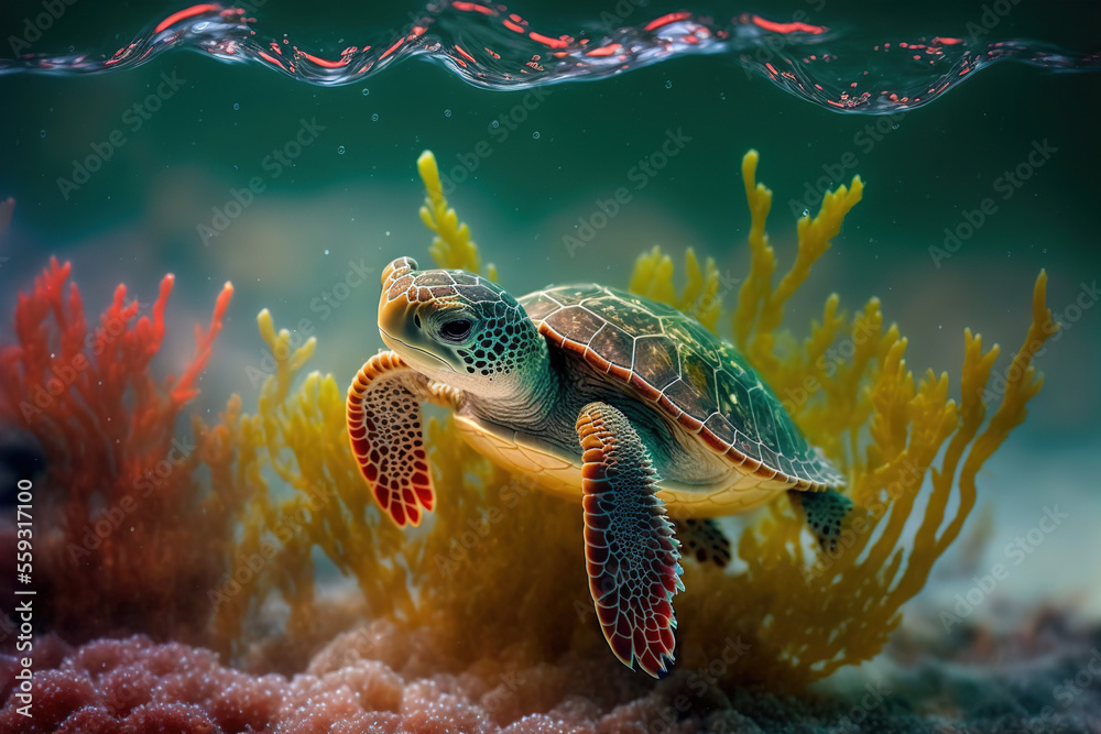 Baby turtle under the sea water. Sea turtle in wild nature. Underwater ...