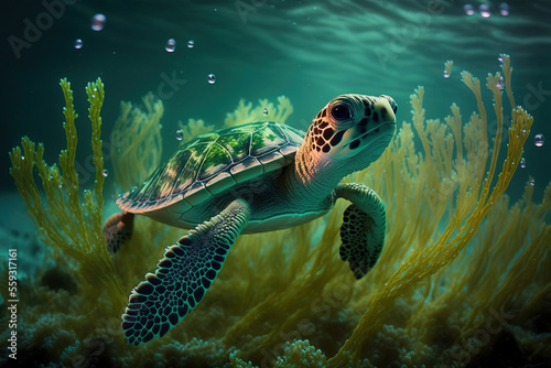 Baby turtle under the sea water. Sea turtle in wild nature. Underwater photo with tortoise. Generative AI © StockSnap