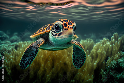 Baby turtle under the sea water. Sea turtle in wild nature. Underwater photo with tortoise. Generative AI