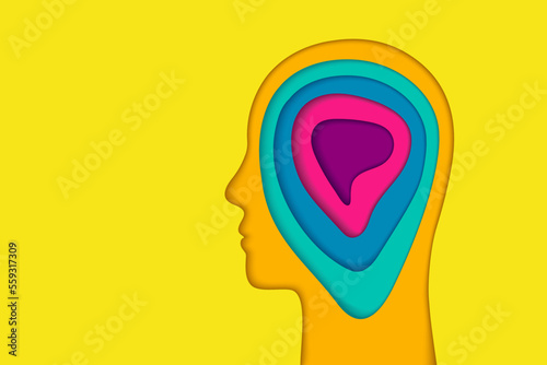 Head and paper layers concept. Profile silhouette, face outline in colorful paper cut art. Deep layers of the human mind, abstract brain and thinking illustration.