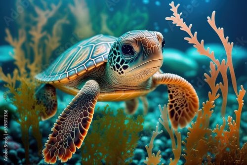 Baby turtle under the sea water. Sea turtle in wild nature. Underwater photo with tortoise. Generative AI