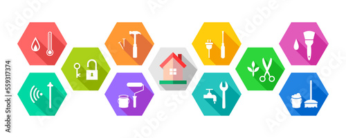 House and work tools icon set as repair, renovation, maintenance concept. Home with colorful tool icons. Facility and facilities management. Vector illustration, banner.