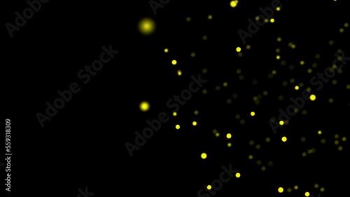 Motion design yellow particles move smoothly over a black background. Motion graphics yellow plexus 4k. Yellow dust. Right side of the screen