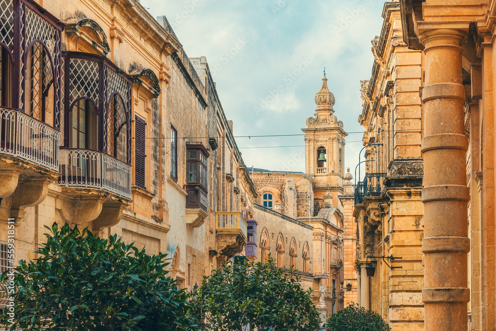 Old medieval town Mdina with Saint Paul cathedral and yellow stone ...