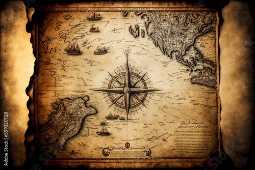 Old navigation map used by conquistador. Illustration generated by AI.