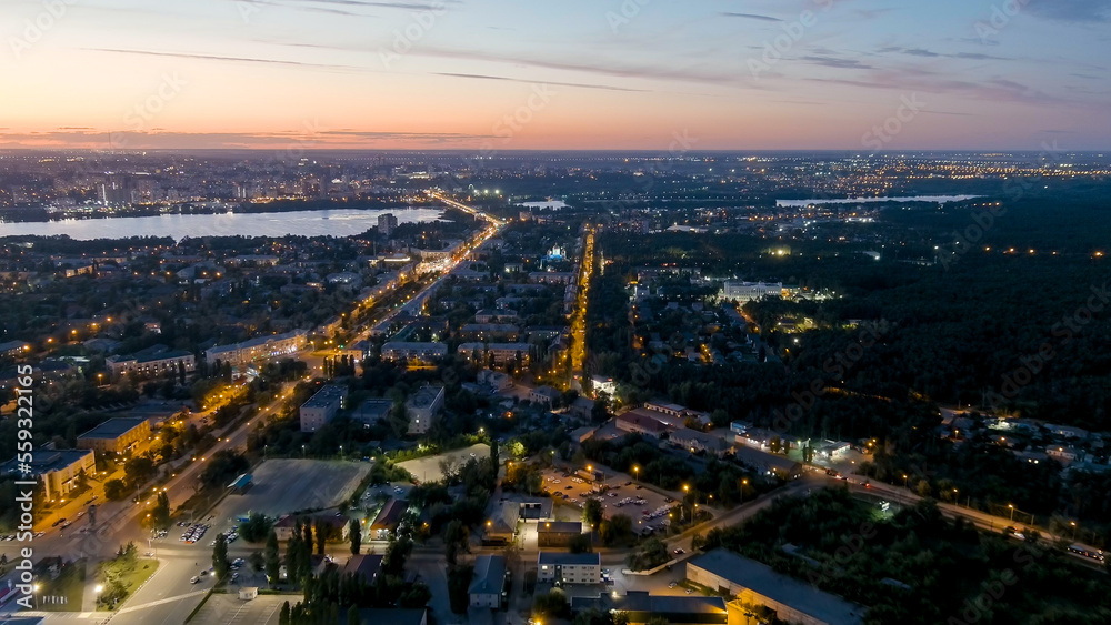 Lipetsk, Russia. Prospekt Mira. Left Bank District. Time after sunset. Night, Aerial View