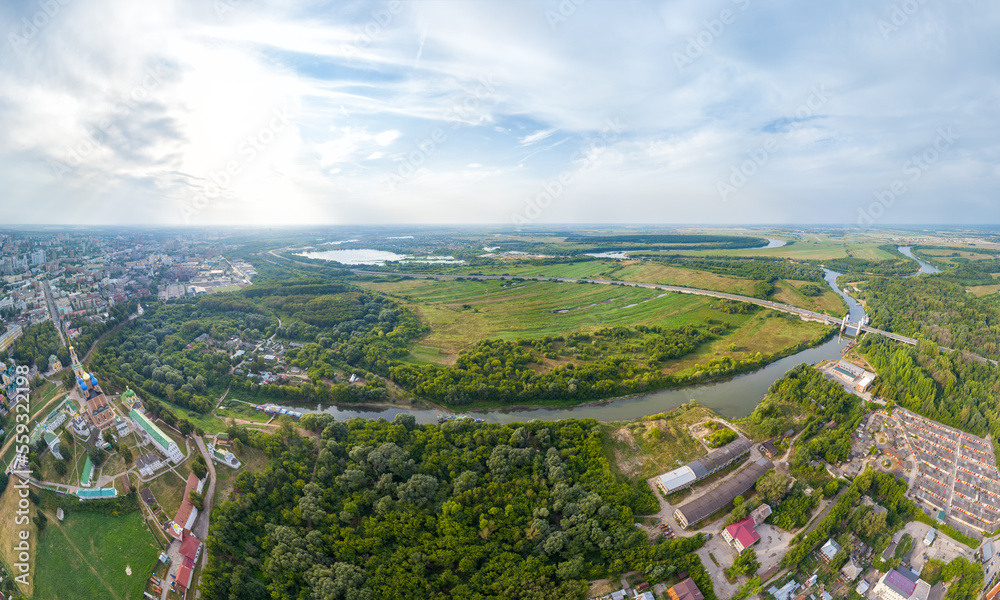 Ryazan, Russia. Ryazan Kremlin - The oldest part of the city of Ryazan. Protected meadow. River Turbezh. Aerial view