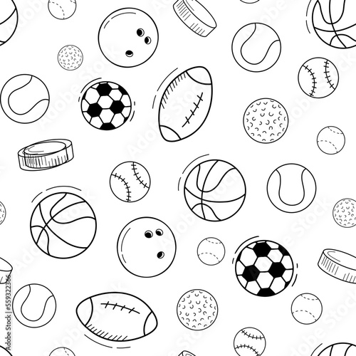 Seamless sports monochrome pattern with balls. Line doodle tennis  soccer balls on white background.