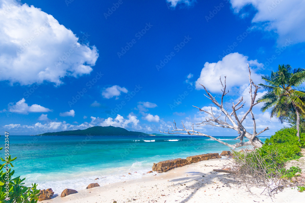 Anse Gaulettes beach on La Digue island in Seychelles	
