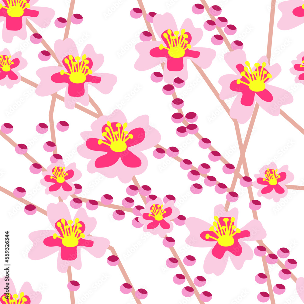 Pink purple tender sakura floral seamless pattern. Exotic spring summer flowers bloom foliage bouquet. Isolated on white background. Vector design illustration. Pink purple tender sakura floral seamless pattern. Exotic spring summer flowers bloom foliage bouquet. Isolated on white background. Vector design illustration.