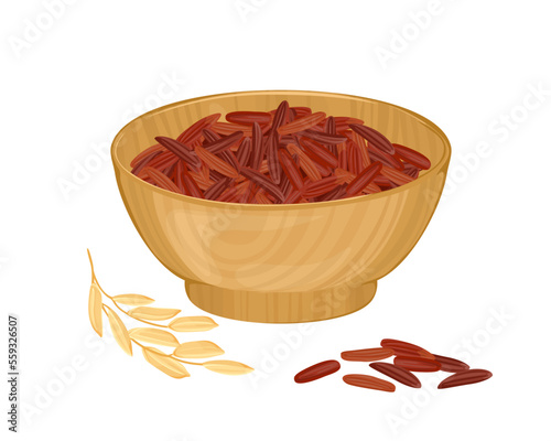 Red rice in wooden bowl and plant isolated on white background. Vector food cartoon illustration.