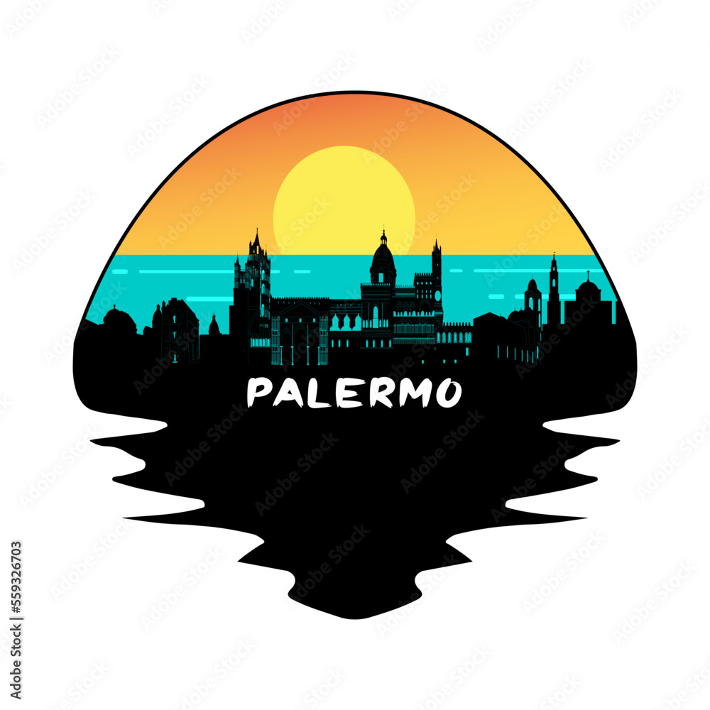 Palermo Italy Skyline Silhouette Retro Vintage Sunset Palermo Lover Travel Souvenir Sticker Vector Illustration SVG EPS