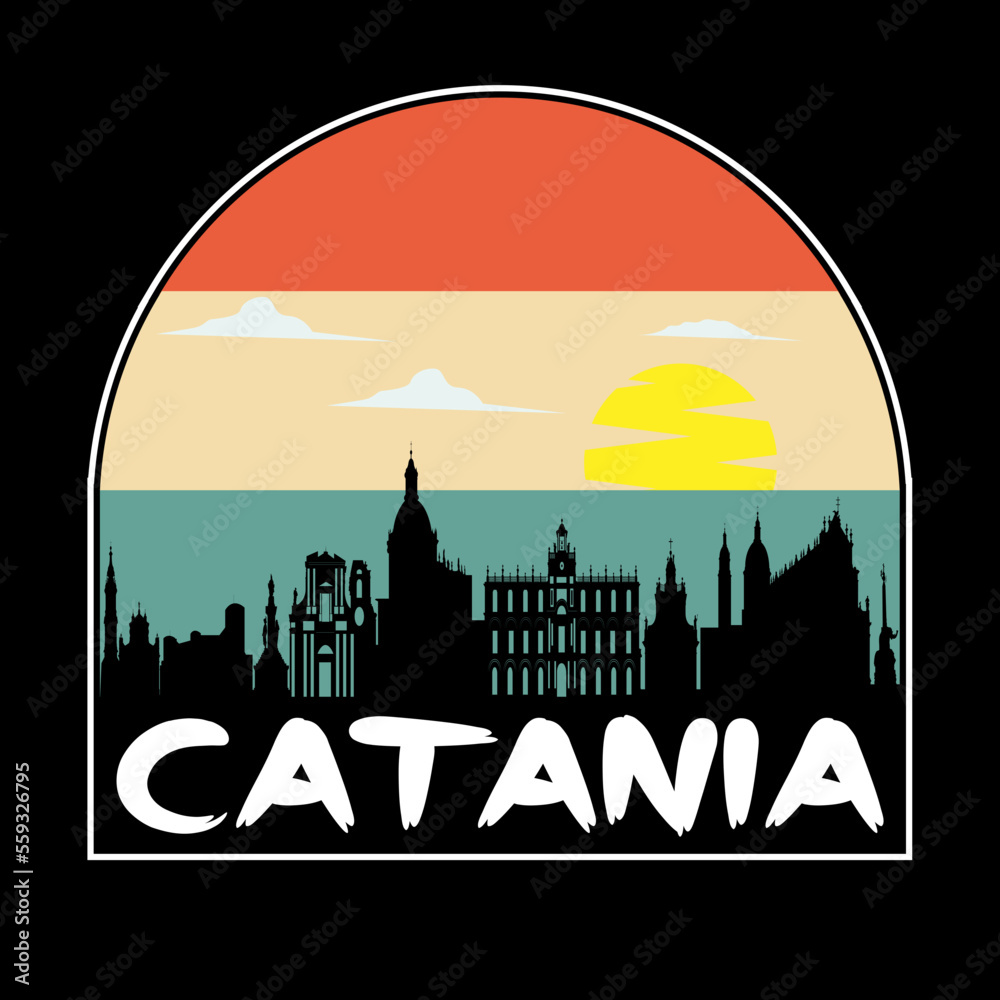 Catania Italy Skyline Silhouette Retro Vintage Sunset Catania Lover Travel Souvenir Sticker Vector Illustration SVG EPS