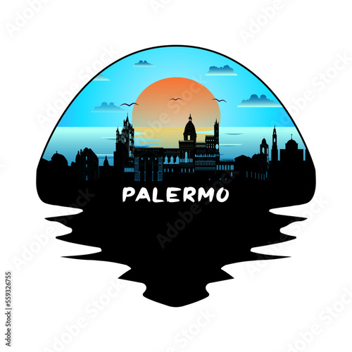 Palermo Italy Skyline Silhouette Retro Vintage Sunset Palermo Lover Travel Souvenir Sticker Vector Illustration SVG EPS
