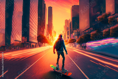 skateboarding in city street. Generative AI 