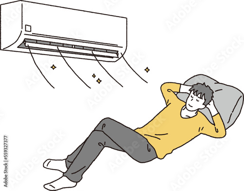 シンプルなタッチ　エアコンで快適に過ごす男性のイラストレーション