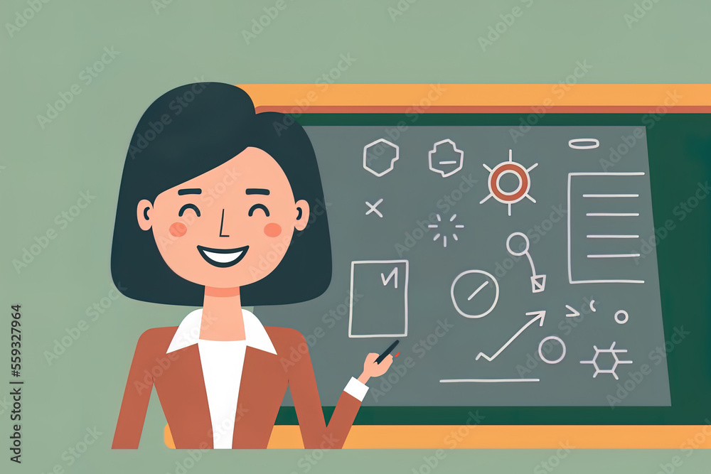 a woman teaching in the classroom. Female educator grinning while standing beside a chalkboard or blackboard in a classroom. Teacher's Day, school and learning theme. cute cartoon style flat ar a woman teaching in the classroom. Female educator grinning while standing beside a chalkboard or blackboard in a classroom. Teacher's Day, school and learning theme. cute cartoon style flat ar
