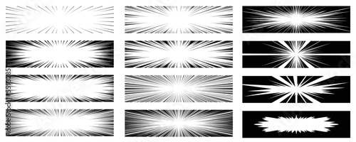 黒色の横に長い長方形の漫画風の集中線の素材セット