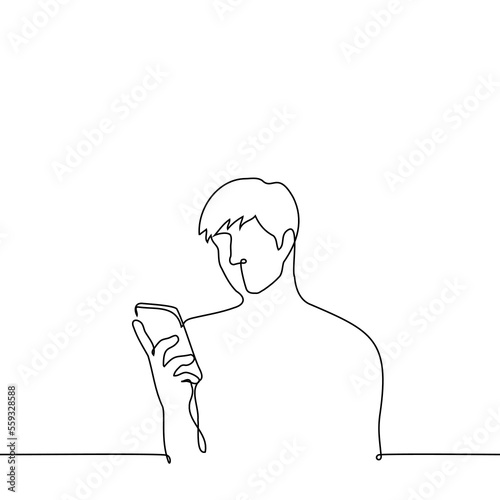 man is passionate about his phone - one line drawing vector. concept internet or mobile addiction