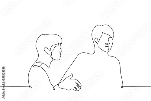 man grabs a friend by the hand and pulls him to him but the other doesn't like it - one line drawing vector. concept obsession, pushy, extrovert and introvert