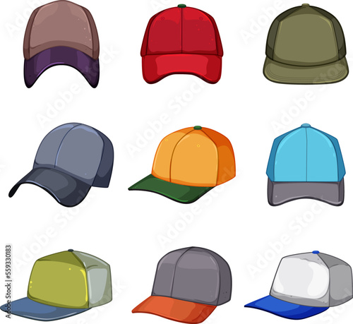 baseball cap set cartoon. hat template, clothing empty, head sport, fashion front, white baseball cap vector illustration