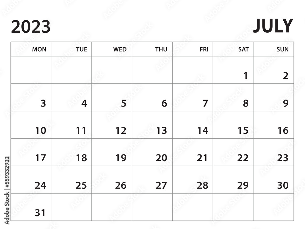 Calendar 2023 template - July 2023 vector on white background, week start on monday, Desk calendar 2023 year, Wall calendar design, corporate planner template, clean style, horizontal template Calendar 2023 template - July 2023 vector on white background, week start on monday, Desk calendar 2023 year, Wall calendar design, corporate planner template, clean style, horizontal template